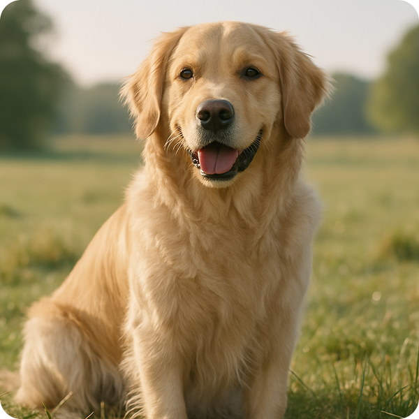 Golden retriever dog wearing a smart collar, sitting in a field